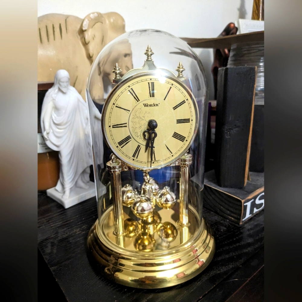 Westclox Quartz Anniversary Mantle Clock Glass Dome Working Nicely Gold Tone
